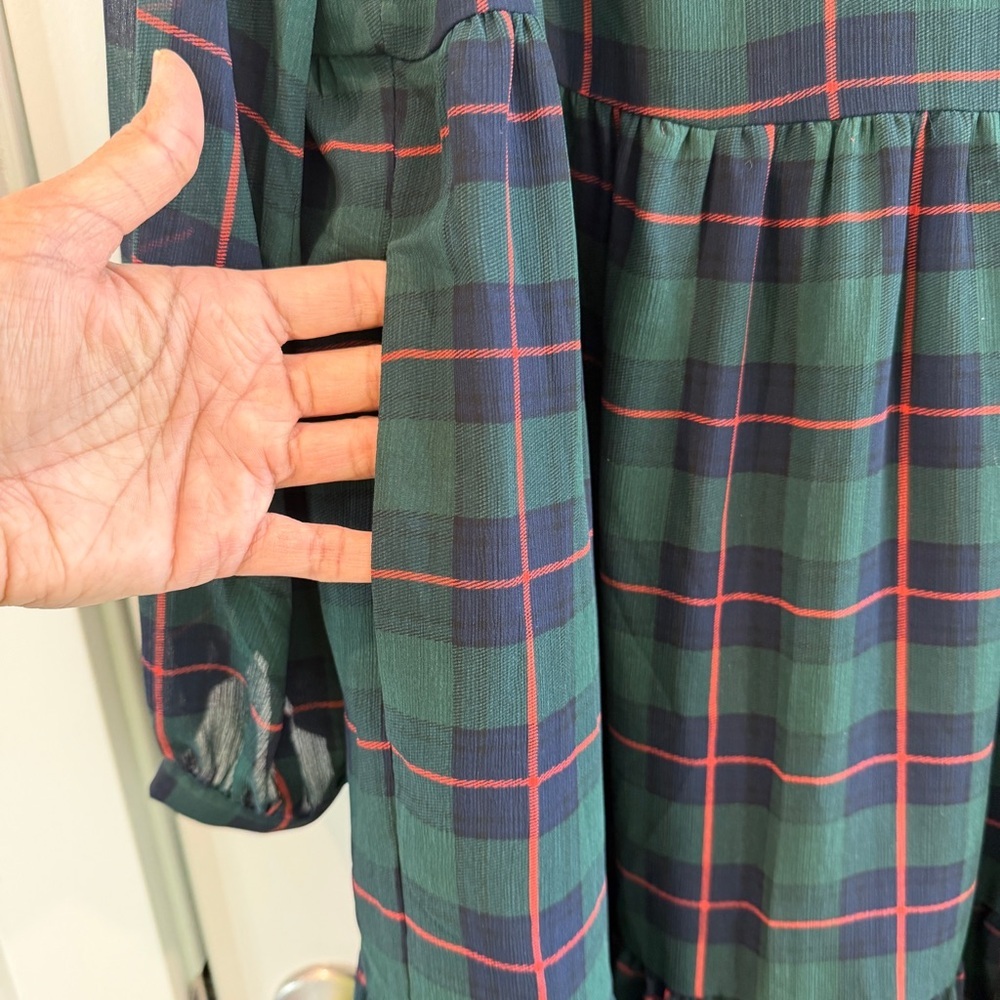 J. Crew Tie Neck Tiered Dress in Black Watch Tartan Green Navy Red Color sz XL - Picture 14 of 14